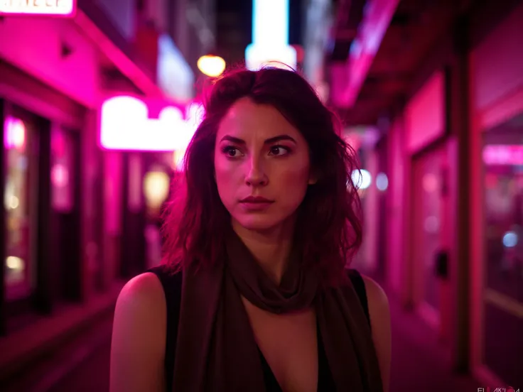 professional artistic photography of a woman standing in an urban setting at night, illuminated by vibrant pink neon lights. The composition should focus on her expressive facial features, capturing the interplay of light and shadow. Include reflections fr...