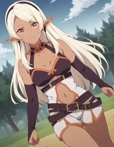 score_9, score_8_up, score_7_up, source_anime, <lora:farming-isekai-ya-s1-ponyxl-lora-nochekaiser:1>, ya, long hair, white hair, hairband, pointy ears, dark skin, dark-skinned female, orange eyes, black hairband, elf, dark elf, medium breasts,, gloves, navel, bare shoulders, collarbone, elbow gloves, belt, bridal gauntlets, navel cutout,, suburban neighborhood, morning jog, earphones, running shoes, fresh air, sunrise, smile, looking at viewer, arm flexed showing muscle, solo,, cowboy shot, dutch angle