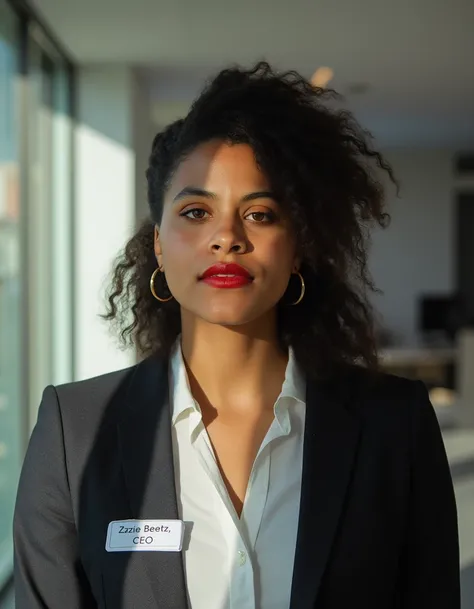 a professional portrait photo of zaziebeetz, a dark skinned woman. She has curly hair. She is wearing gold earrings and red lipstick. She is looking at the viewer with a serious and concerned expression. She is wearing a white business shirt and a black bu...