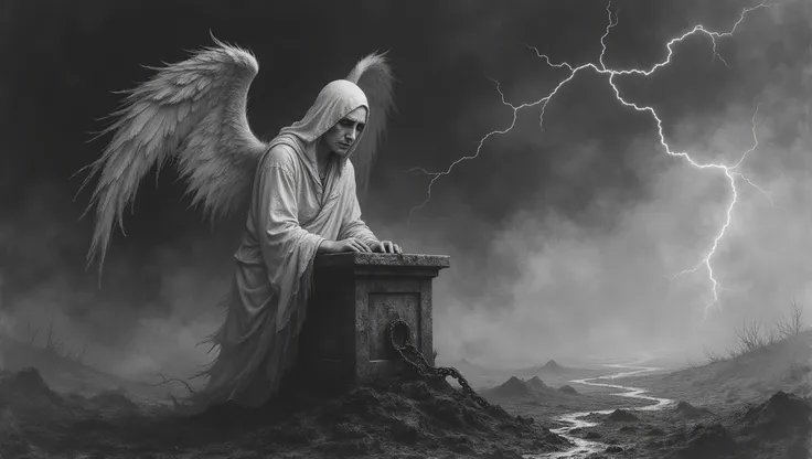 An angel with tattered wings and a face twisted in agony is chained to a stone altar in the middle of a desolate wasteland. The angelâs once-white robes are stained with blood, and their eyes are hollow, filled with despair. The sky above is dark and sto...