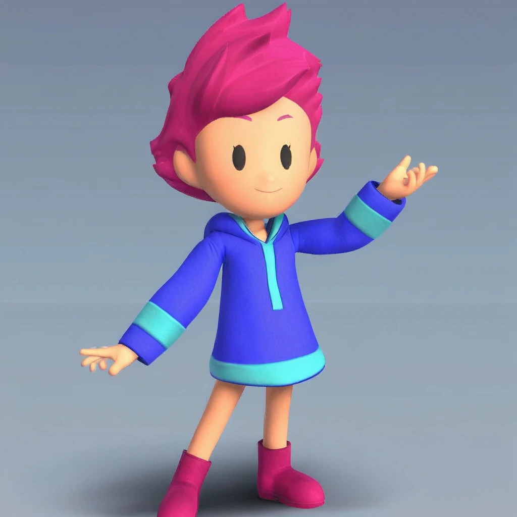 long blue hoodie, exposed legs, pink boots, long sleeves, Kumatora, fingerless gloves, black dot eyes, short pink hair, spiky hair