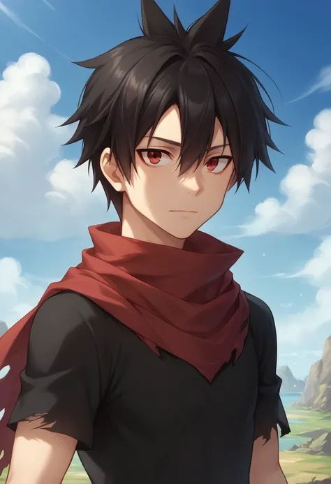 score_9, score_8_up, score_7_up, source_anime, highly detailed, 
rossen, 1boy, solo, male focus, red eyes black hair, scarf, sky, day, torn clothes, red scarf, cloud, blue sky,
outdoors, looking at viewer, upper body,