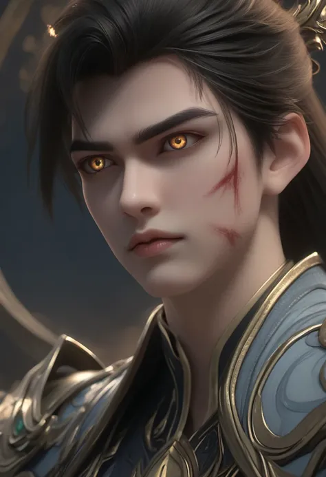 (super detailed adult clean face), detailed eyes, expressiveH, focus on face, from side, medium shot, score_9, score_8_up, score_7_up, shihao, 1boy, solo, black hair, emperor_armor, blue eyes, gold eyes, ponytail, slim toned male, blood, blood on face. cre...