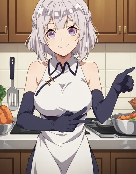 score_9, score_8_up, score_7_up, source_anime, <lora:farming-isekai-hakuren-s1-ponyxl-lora-nochekaiser:1>, hakuren, short hair, purple eyes, braid, grey hair,, gloves, bare shoulders, sleeveless, black gloves, elbow gloves, chinese clothes,, kitchen, cooki...