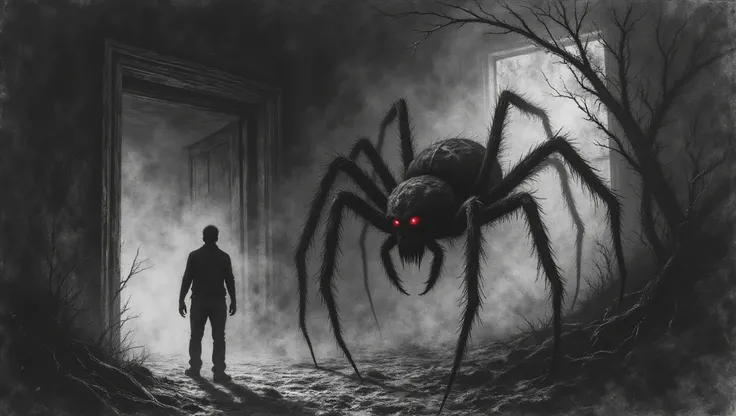 A massive, grotesque spider with hairy legs and multiple red eyes lurks in the shadows of an abandoned mansion. Its web, thick and sticky, fills the corners of the room, trapping the bones of its previous victims. The spiderâs fangs drip with venom as it...