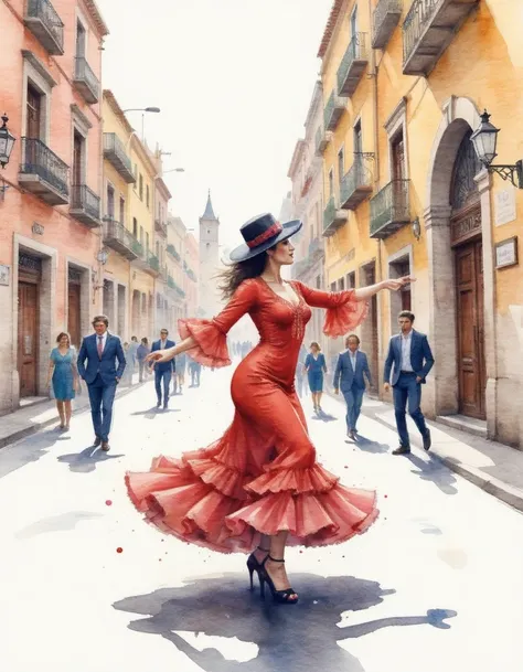 Watercolor painting of a lively flamenco dance in the streets of Seville with the sound of castanets and the stomp of heels