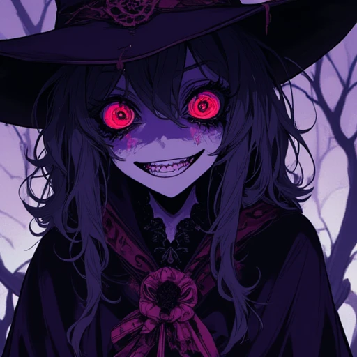 Create an image of a psycho, crazy anime witch girl with crazy eyes, featuring a deranged expression and a sly, spycor-inspired smile. Shes wearing a tattered, black witchs hat and a matching cloak with YND3R3 embroidered on it, paired with a dark, mystica...