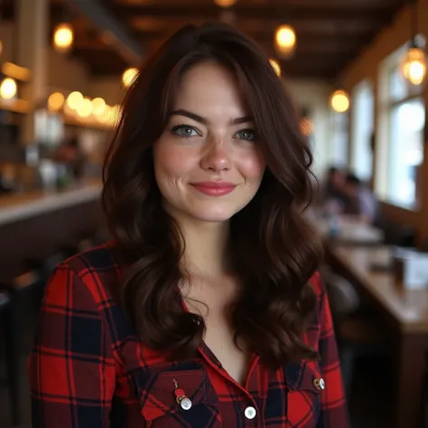 emma young woman with dark hair, pale skin, freckles,  checkered shirt, in line, hipster coffee shop, happy