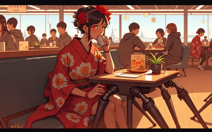 Intricate cyborg geisha with mechanical spider legs, ornate floral kimono, vivid red and white pattern, sitting in a modern Starbucks cafe, sipping coffee; surrounded by other spider humanoid pals with varying cybernetic designs; warm ambient lighting, coz...