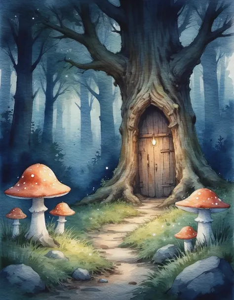 Watercolor painting of a mystical forest at night, glowing mushrooms and fairy lights leading to an ancient tree with a carved door