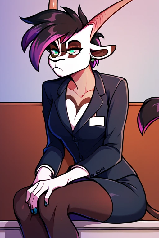 score_9, score_8_up, score_7_up, source_furry, oliviakad, anthro, 1girl, sitting, black business suit, office, bored face