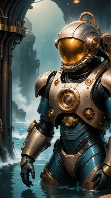 An astronaut standing in front of a glowing, steampunk-inspired wishing well, Time-travel motifs, Dreamy atmosphere, Astronaut in full spacesuit, Helmet off revealing a tired but determined face, Golden sands and blue sky in the background, Soft, warm ligh...