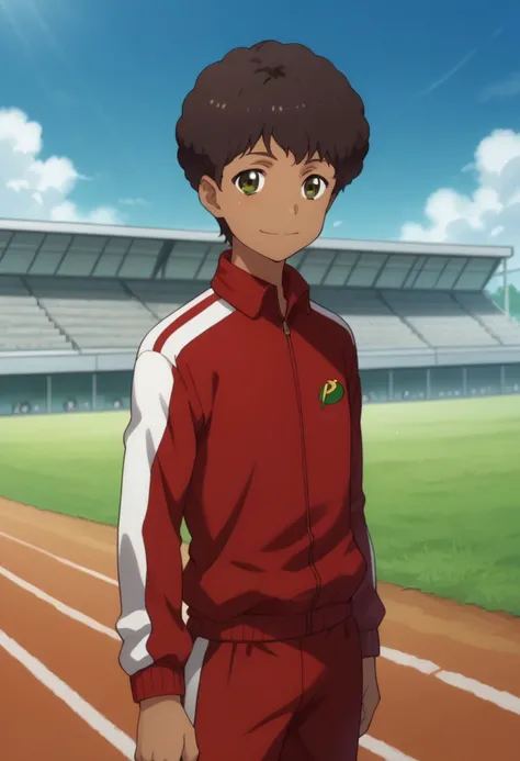 score_9, score_8_up, score_7_up, source_anime, highly detailed, 
sugiyama, 1boy, solo, male focus, afro, smile, green eyes, brown hair, dark skin, dark-skinned male, track jacket,
red jacket, track suit,
outdoor,