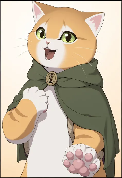 score_9, score_8_up,score_7_up,masterpiece, best quality,Thro, black border, cat, green eyes, solo, border, looking at viewer, open mouth, upper body, whiskers, :3, green cape, gradient background, gradient, cape, cloak, smile, cat ears, animal hands, no h...