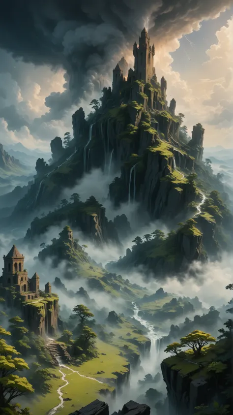 Mysterious, ancient, towering mountain, covered in mist, Whispers of the past in the form of swirling, glowing mist, Rich colors, Chiaroscuro lighting, Mythological atmosphere, Overgrown ruins in the foreground, Large, dramatic, ominous clouds, Thunderstor...