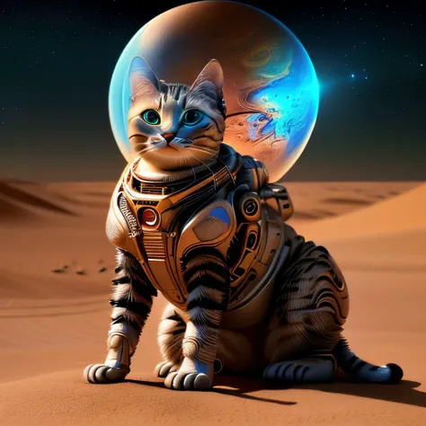 masterpiece, intricate photo, full body shot, sitting cat on mars, hyper realistic, highly detailed, sharp focus, 8K, cozy outdoor lighting, high quality, high resolution, 8K, CatOnMars:0.5