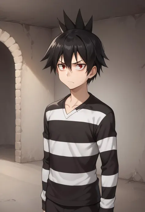 score_9, score_8_up, score_7_up, source_anime, highly detailed, 
rossen, 1boy, black hair, red eyes, male focus, striped, striped shirt, prison clothes, shirt,
indoor, dungeon, disappointed,