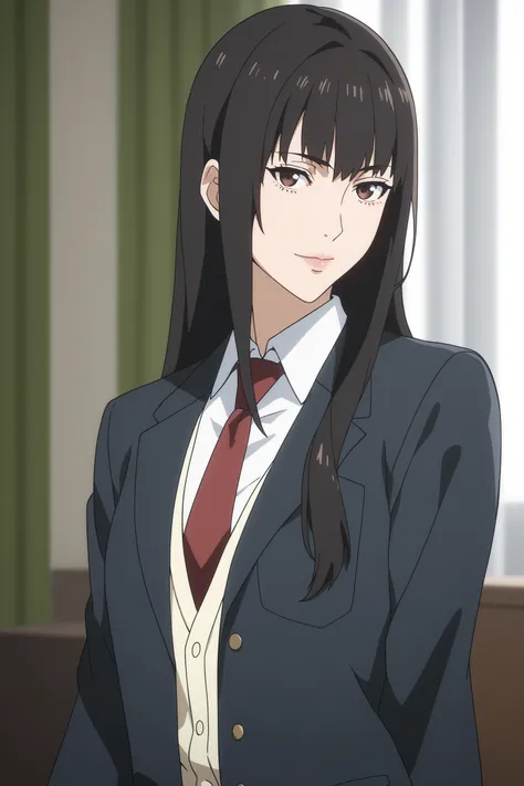 score_9, score_8_up, score_7_up, score_6_up, score_5_up, source_anime, rating_safe, small breasts, indoors, 1girl, solo, looking at viewer, <lora:age_slider_v4:3>, inuyashiki mari, long hair, black hair, bangs, brown eyes, school uniform, blazer, black jac...