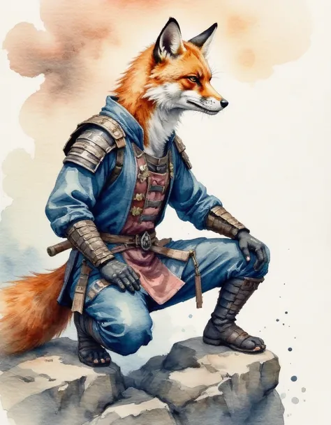 Watercolor painting closeup portrait of an anthropomorphized fox samurai warrior on a rocky ledge under a dramatic sky