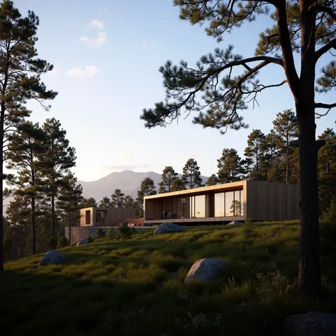 roirrros, Architectural Design, Landscape Design,no human,The image showcases a modern architectural house set amidst a serene natural landscape. The house features large glass windows and wooden panels, providing a clear view of the surrounding trees and ...