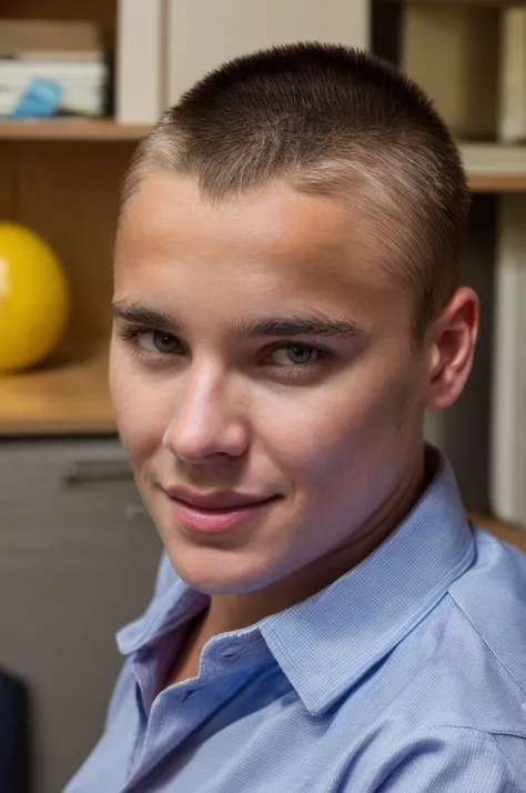 solo, highest resolution highly detailed photograph. hlaf body shot, portrait, looking at viewer, wearing a blue dress shirt, Abby, Twink, perfecteyes, working in a office