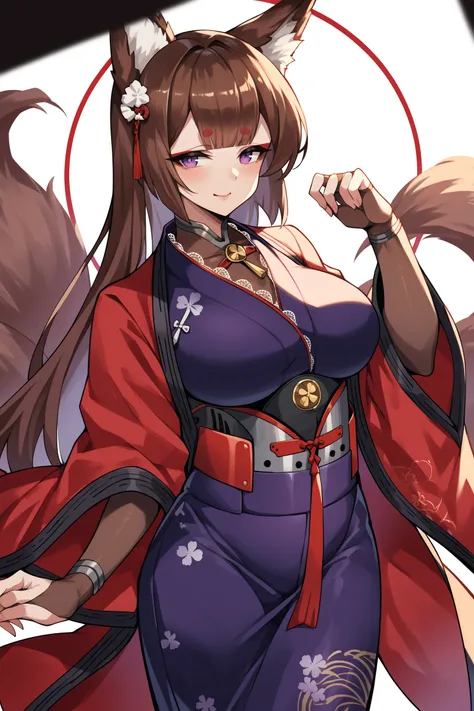 score_9, score_8_up, score_7_up, , rating_general ,1girl ,fox ears, thick eyebrows, red eyeshadow, purple eyes, red pupils, multiple fox tails, hair ribbon, metal choker, necklace tassel, bodystocking, purple kimono, white lace trim, red coat, wide sleeves...