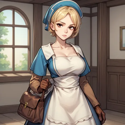 <lora:Final_Fantasy_Tactics_Chemist:.6> fftchem, 1girl, solo, blonde hair, short hair, gloves, looking at viewer, apron, brown eyes, bag, brown gloves, hat, portrait, dress, large breasts,, score_9, score_8_up, score_7_up, BREAK,, sketch, sketch manga styl...