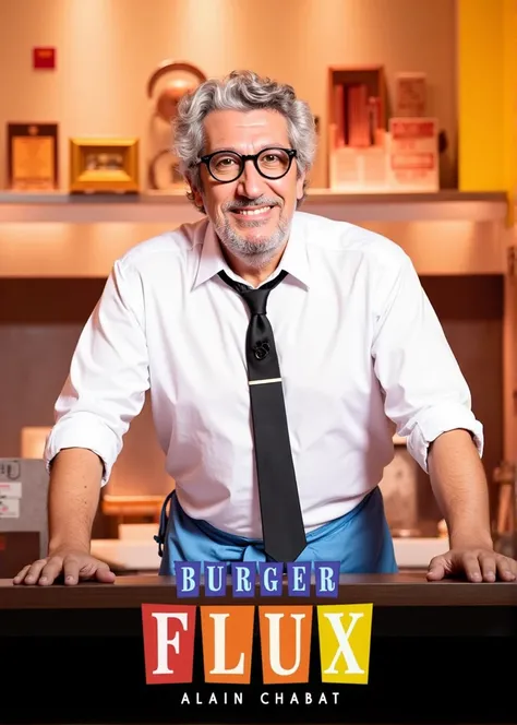 Poster of a tv show. Alain Chabat smiling, rounded glasses, wite shirt, black tie and a plain blue apron. He is behind a BurgerQuizcounter in a BurgerQuizRoom. the words "Burger Flux" and "ALAIN CHABAT" are write on the picture in the style of BurgerQuizLo...