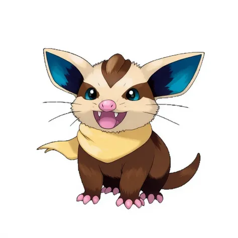 cute Didelphis Eevee Opossum Pokemon with visually vibrant and iconic, pink snout, fox tail, water type, two big fangs, light brown fur a digital drawing in a cartoonish style, centered around cute creature in a dynamic pose. hissing with open mouth, bold,...