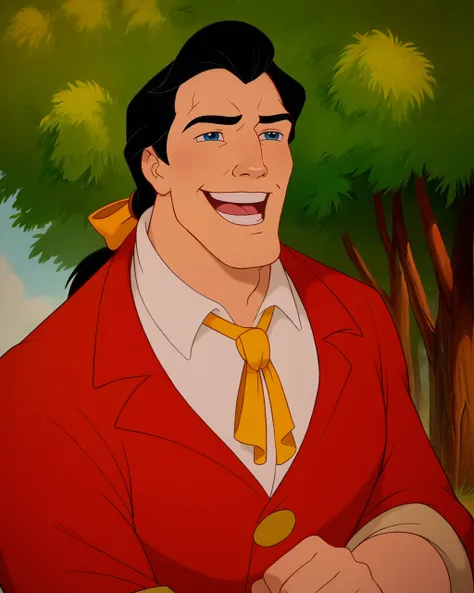 score_9, score_8_up, score_7_up, zPDXL, <lora:Disney_Style:1>DisneyRenstyle, BAB, 1boy, Gaston, male focus, black hair, open mouth, smile, white shirt, outdoors, red jacket, neck ribbon, blue eyes, parody, long hair, upper body, tree, vest