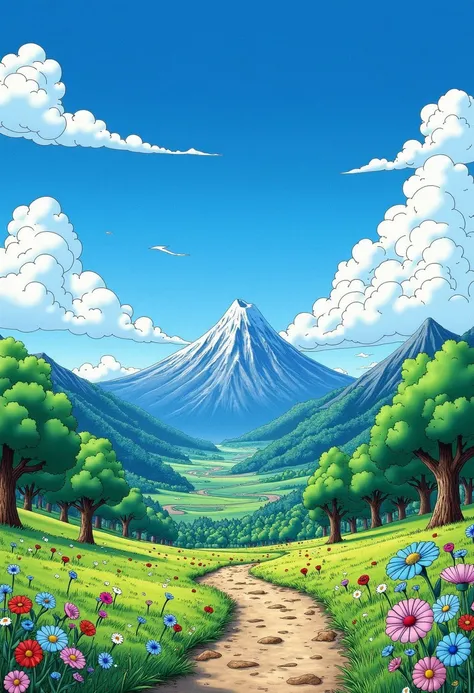 dquest cartoonish akira toriyama style drawing of a landscape, vast in scenery, trees, flowers and mountains, the blue sky is complemented by an awesome sparse of clouds, and the entire scene is completed with a mountain in the back. wind is blowing by, so...