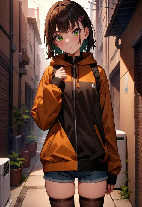 masterpiece,best quality,very aesthetic,absurdres,
1girl,
<lora:Shoujo_v1+2+3:1>,shoujo02,green eyes,hairclip,long sleeves,jacket,shorts,black_thighhighs,sneakers,<lora:Fixhands_anime_bdsqlsz_V1:1>,
looking at viewer,standing,cowboy shot,back alley,air con...