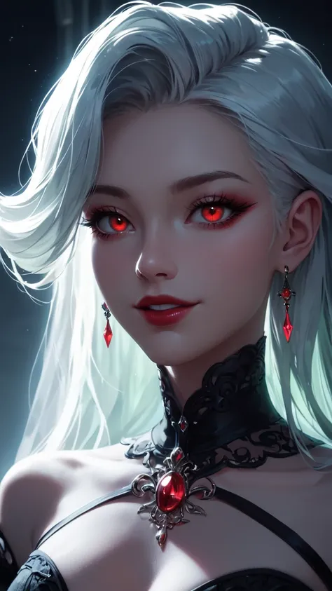 masterpiece, score_9, score_8_up, score_7_up, 1girl,  Nocturnal Vampyre: A close-up portrait of a vampire, her eyes glowing with an otherworldly intensity, her skin pale and translucent in the moonlight. Her hair, a cascade of midnight black, flows around ...