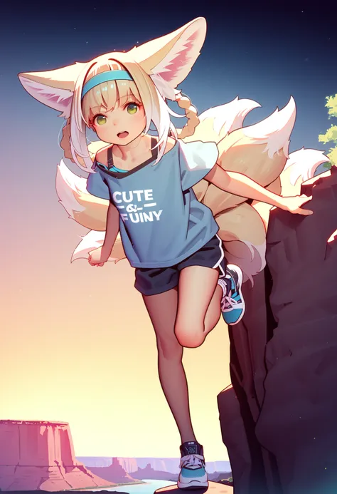 (by muk (monsieur):0.8), (by merrytail:0.7), best quality, masterpiece,
1girl, suzuran (arknights), fox girl, fox ears, fox tails, kitsune, blonde, hair, hair rings, green eyes, blue hairband, blue t-shirt with text "Cute & Funny", shorts, standing on one ...