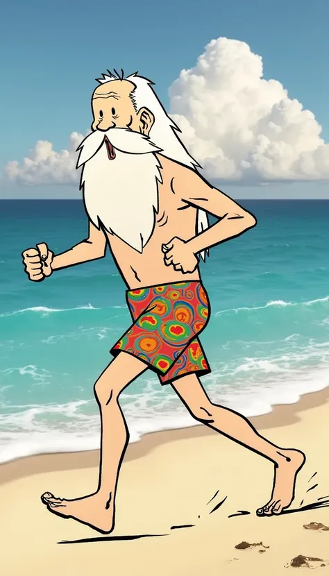 cartoon old man in a speedo running at the beach, side view, full body, long beard, long hair, long moustache, cmabite