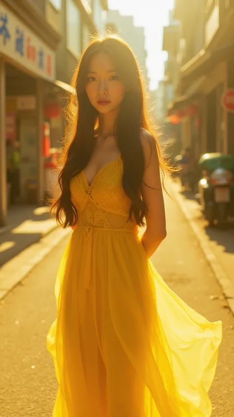 bailing_film_style,yellow long hair,Princess Dress,wong kar wai style,movie style,high saturation,film texture,girl,full body,fuji 100mm,color temperature 3200k,sunlight,long hair,