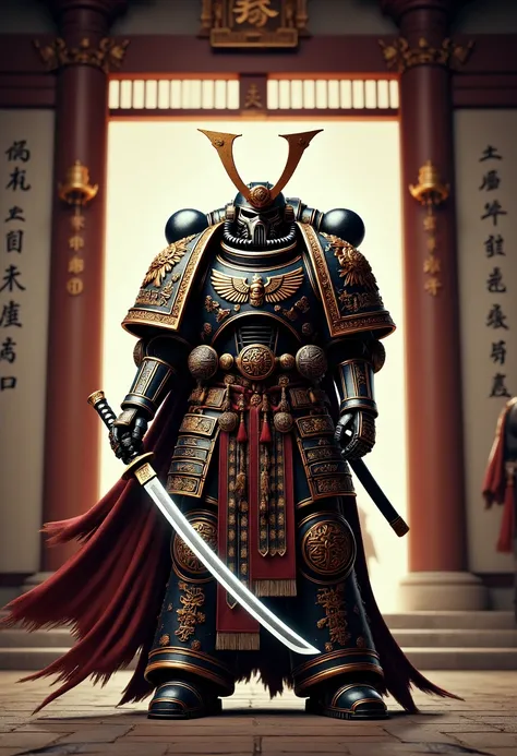 Image a photorealistic depiction of an Edo Space Marine in ceremonial armor, standing proudly before a traditional Japanese-style shrine within their fortress-monastery. The Marine, clad in ornate armor with intricate samurai motifs and a flowing cloak, ho...