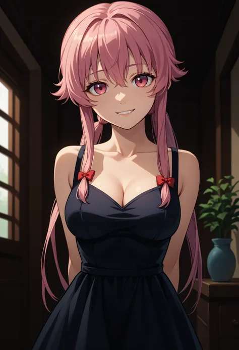 score_9, score_8_up, score_7_up, source_anime, <break> solo, 1girl, yun0gasai, smile, looking at you, standing, arms behind back, twintails, hair bow, black dress, sleeveless dress, bare shoulders, collarbone, cleavage, medium breasts, indoors
<segment:yol...