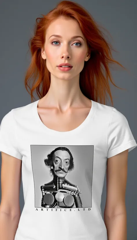 beautiful redheaded woman wearing a white t-shirt with surreal Dalí-like robotic portrait labeled ARTIFICE LTD., modern art gallery