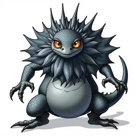 frilled neck lizard monster with dark scales and silver skin, cartoonishly drawn dquest dragon quest style monster, akira toriyama style linework. the monsters eyes and head are looking directly towards the camera, its frills are enormous and cover the sho...