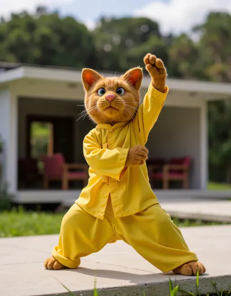 Muppet cat play Tai Chi on a white mid - century modern house, the house sitting on a hill in the jungle, long flowing yellow Chinese kunfu suit, flexible, Intricate details, sharp focus, 8k