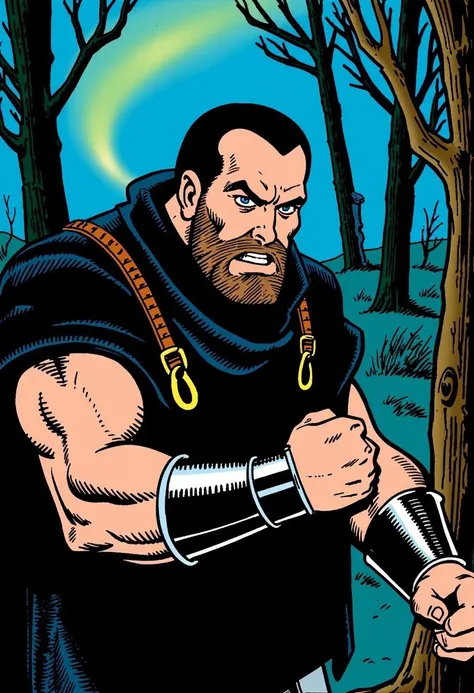 retro_comics style,short stubble beard, middle aged muscular wild fighter man, wide face, wide jaw, (((wide chin))), angry expression, black short backcombed hair,black cloak, straps, inside deep forest, (((night))), blue eyes, chin scar, arm hair, leather...