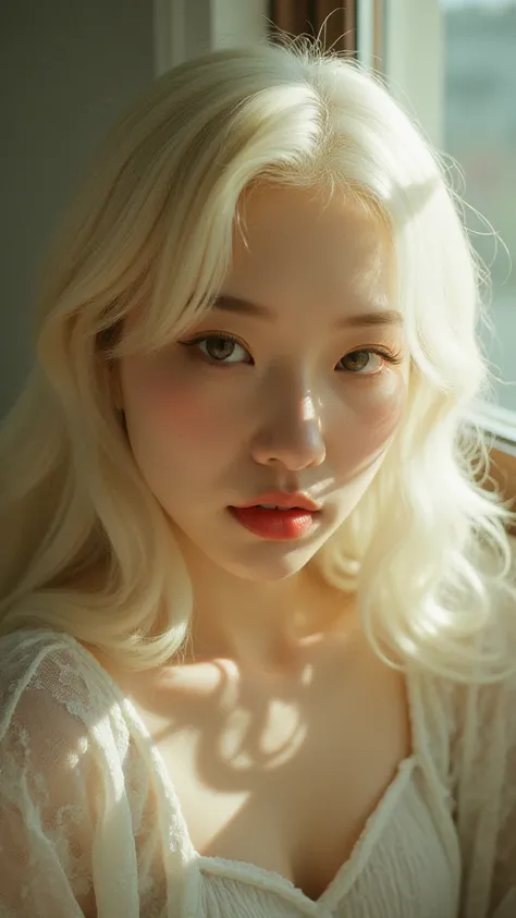 bailing_film_style,shirt,wong kar wai style,movie style,high saturation,film texture,girl,close up,half body,fuji 100mm,color temperature 3200k,sunlight, long white hair