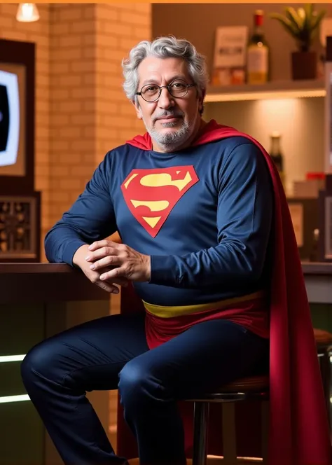 a full body shot of Alain Chabat, rounded glasses, wearing a low quality superman costume, sitting in a bar