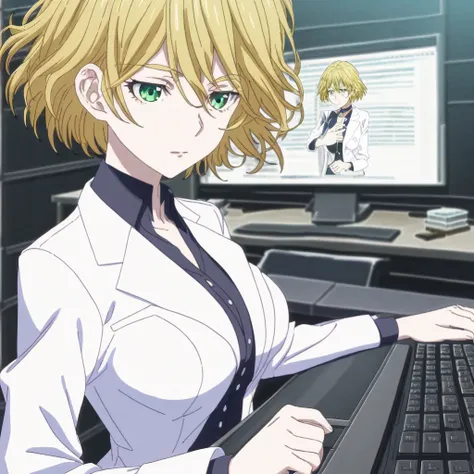 1girl, blonde hair, short hair, green eyes, black collar shirt, pale skin, labcoat, medium breasts, at a computer desk