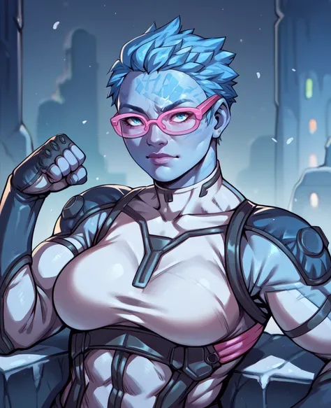 score_9,score_8_up,score_7_up,score_6_up,mrsfrzessq,blue eyes,blue ice hair,short hair,facial mark,
bodysuit,pink glasses, sleeveless,  flexing,  
sitting,upper body,muscular,
snow,city,night,science fiction,solo,
<lora:msfreezeSSQXK-12:0.9>,