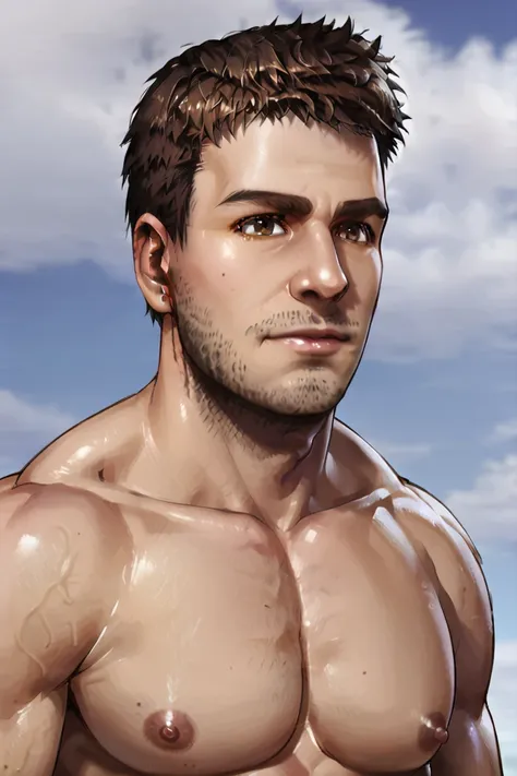 portrait, bust, male focus, pecs, muscular, shirtless, nipples, brown eyes, short hair, brown hair, stubble, <lora:Kelvin_Sons_of_the_forest:0.9>  <lora:PerfectEyesXL:1>  <lora:dizdoodz:0.2>