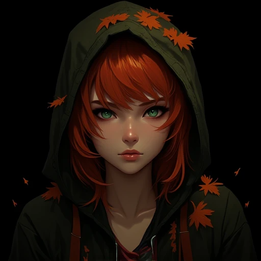 ffdac, 1woman, solo, leaf, green eyes, hood, lips, black background, makeup, looking at viewer, nose, red hair, upper body, simple background