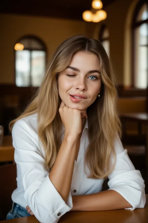 upper body photo of a 20yo woman wearing a shirt, stiiign in a cafe ,(winks with one eye at viewer) and (biting on own lips) <lo...