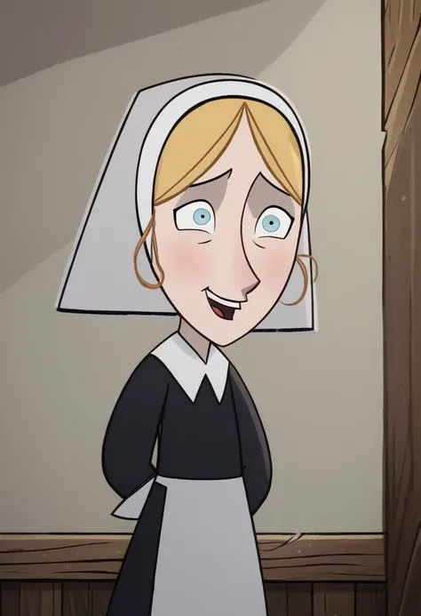 (zPDXL3) source_cartoon, robyn_goodfellow_v2, blonde hair, solo, nun, blue eyes, habit, nervous, apron, smile, open mouth, crazy eyes,1girl, child, Hand, detailed, perfect, perfection, hands